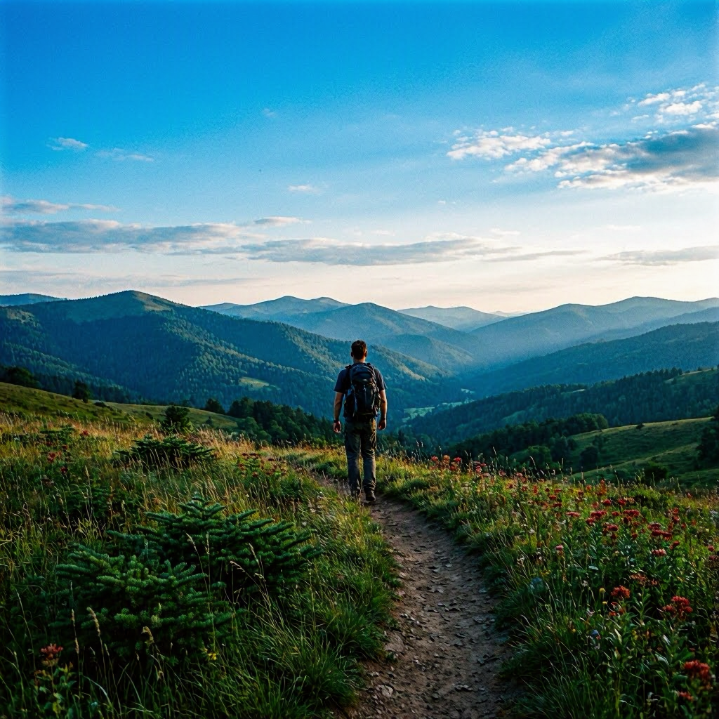 A man standing an looking out at a mountainous valley with hope.